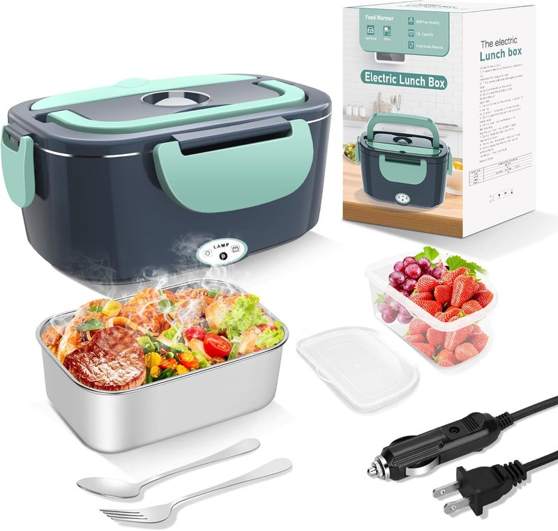 HOLDRUBY Electric Heated Lunch Boxes Adults: 80W Electric Lunch Box Food Heated 12/24/110V 1.5L Heatable Lunch Box for Car/Truck/Office Leak-Proof Stainless Steel Container, Fork & Spoon, Bag (Grey+Green) - Image 1